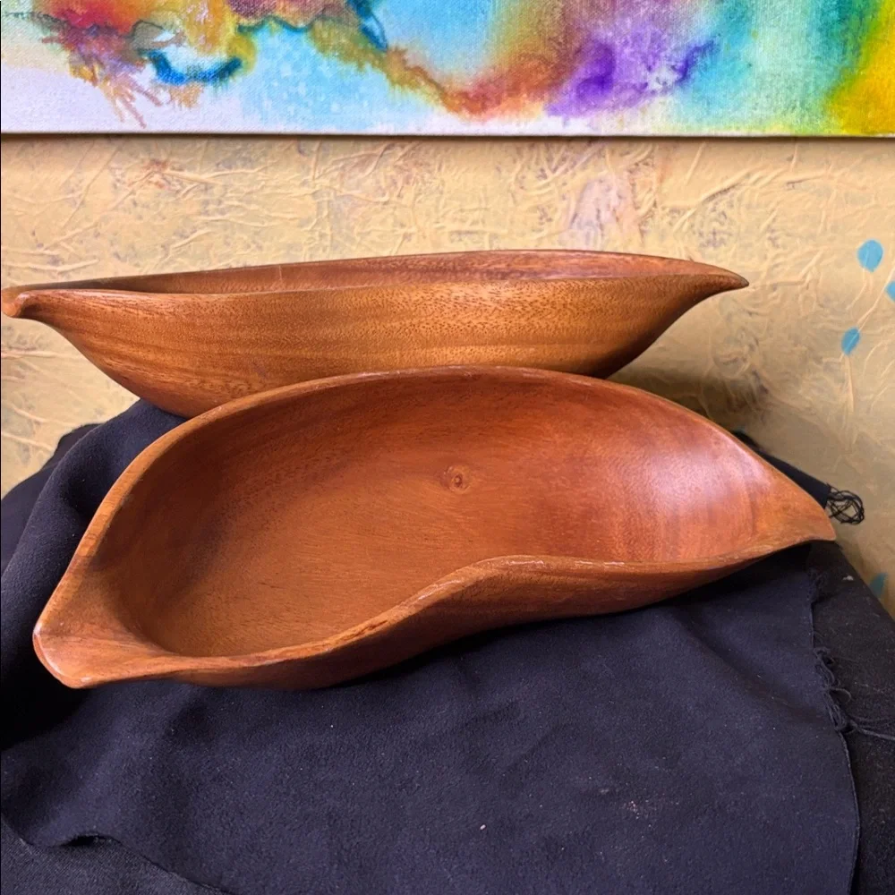 Mid-Century Modern Monkey Pod Leaf Bowls Hand Carved ~ set of 2